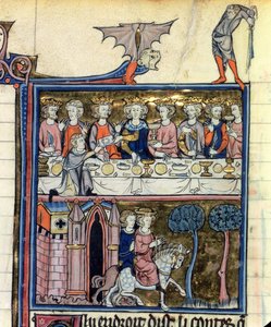 女士亚瑟王及其骑士团围绕桌子，来自lHistoire de Merlin，c.1280-90 作者 法语学校