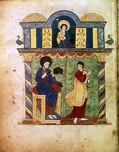 Ms Lat 8878 fol.1v 耶稣向圣马太介绍福音书，摘自Asturian monk Beatus of Liebana (c.776) c.1028-72的《启示录》评注（牛皮纸）。 作者 法语学校