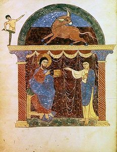 Ms Lat 8878 fol.3v 耶稣向圣路加介绍福音书，摘自Asturian monk Beatus of Liebana (c.776) c.1028-72的《启示录》评注（牛皮纸）。 作者 法语学校