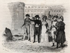拿破仑与塔利安夫人(Madame Tallien)(1773年-1835年)在巴黎旺多姆广场散步--《巴黎大道》中的雕刻。古老和现代的巴黎：起源、历史、古迹、服装、道德、纪事 作者 法语学校
