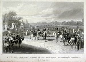 国民警卫队士兵保护巴黎的国民议会。法国1848年革命期间的雕刻作品（雕刻）。 作者 法语学校