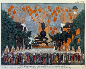 1801 年 7 月 14 日巴黎香榭丽舍大街上的国家庆典：巴黎香榭丽舍大街的焰火晚会。1801 年巴黎卡纳瓦罗博物馆版画 作者 法语学校