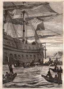 土著人手拿香蕉树枝：塞缪尔·沃利斯 (Samuel Wallis) 到波利尼西亚的航行 (1728-1795) - 土著人拿着香蕉树枝作为欢迎的问候 - 插图取自“18 世纪的伟大航海者” 作者 法语学校