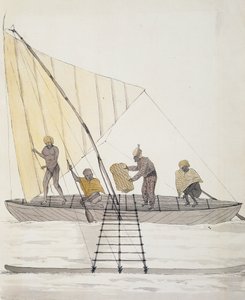 来自Iles Basses的土著人和平衡的风帆独木舟，Jules-Louis Lejeune的水彩画，来自Duperrey的《航行》。 作者 法语学校