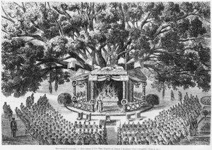 新喀里多尼亚，在1875年的公告Les Missions Catholiques的插图中绘制了一幅运输的钢笔和墨水后，在Nou岛上庆祝弥撒 作者 法语学校
