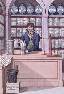 拿破仑统治下的报纸药房，或化学家院士，卡通描绘被拿破仑压碎的新闻（彩色雕刻） 作者 法语学校