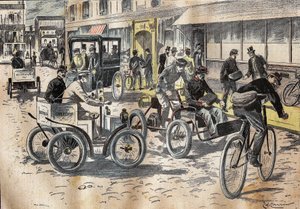 1899年10月5日，邮局副部长莱昂-穆戈（1857-1928）在巴黎第十二区的中央邮局主持了自行车和各种汽车的首次测试，以运送邮件。镌刻在 "Le P 作者 法语学校