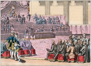 1789年5月5日在凡尔赛举行的总议会开幕式上，三大教团（教士、贵族和第三国）齐聚一堂 - 1789年5月5日总议会开幕 - 19世纪末在《国家之声》中的版画 作者 法语学校
