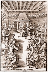 转化化学课程的开幕式--1653年安尼瓦尔-巴莱在《LE VRAY ET METHOD COURSES DE PHYSICS RESOLUTIVE》中的雕刻。 作者 法语学校