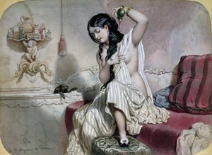 她的洗手间的东方妇女，19世纪中叶