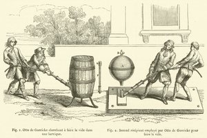 Otto de Guericke 试图在桶中创造真空，Otto de Guericke 用来创造真空的第二个接收器（雕刻） 作者 法语学校