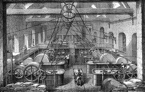 造纸业：纸浆提炼和增白车间。1867 年雕刻 作者 法语学校