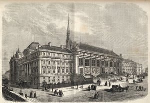 巴黎--法院的新门面，由约瑟夫-路易-杜克（1802-1879）建造--（西门面，在哈雷街）1869年的雕刻品。 作者 法语学校