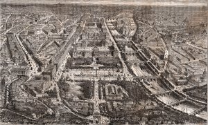 从艾托尔凯旋门看到的巴黎--里沃利街和塞纳河--V.A. Malt-Brown的 "La France illustree: geography, history, statistical administration "中的雕刻，1884。 作者 法语学校