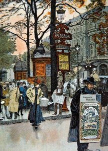 巴黎的街景，靠近Palais-Royal地铁站，约1900年（彩色平印）。 作者 法语学校