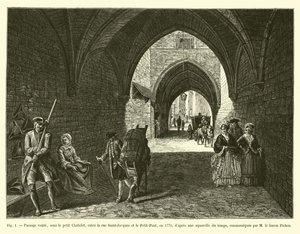 1770年，在Saint-Jacques街和Petit-Pont街之间的小Chatelet下面的通道拱顶，当时的水彩画，由Baron Pichon传达 作者 法语学校