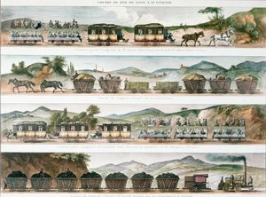 第一条法国线上的乘客和货物在里昂和圣艾蒂安之间开通，1829年（彩色光刻） 作者 法语学校