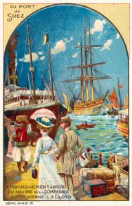 Passengers boarding a ship of the Austrian Lloyd line at the port of Suez, Egypt (chromolitho) 作者 法语学校