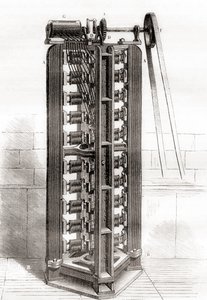 Paul-Gustave Froment 的立式电动机，约 1844 年，来自 Les Merveilles de la Science，约于 1870 年出版（雕刻） 作者 法语学校