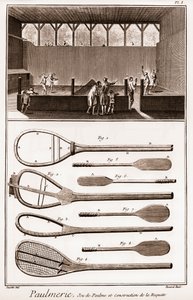 Paulmerie - Jeu de paume et construction de la racket - Jeu de Paume court and various stages in the construction of racquets (paddle-bats or battoirs) - "La Grande Encyclopedie, ou Dictionnaire Raisonne des Sciences, des Arts et des Metiers" (Encycloped) 作者 法语学校