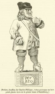 Perkeo, bouffon de Charles-Philippe, statue grotesque en bois peint placee vis-a-vis la grosse tonne d