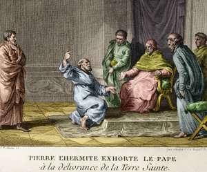 Peter the Hermit menasihati Paus Urban II untuk pembebasan Tanah Suci pada tahun 1093 (Peter the Hermit mengkhotbahkan Perang Salib pertama) - Ukiran dari Tokoh Sejarah Prancis, sd. akhir abad ke-18 作者 法语学校