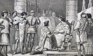 Philippe VI（1293-1350）de Valois致敬英格兰爱德华三世（1312-77），但仅作为阿基坦公爵，来自Colart的&39;Histoire de France&39;，出版于1840年 作者 法语学校