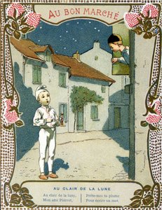拿着蜡烛的皮埃罗，“Au clair de la lune”——“Le Bon Marché”的标签” 作者 法语学校