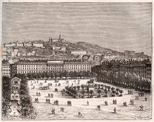 贝勒库尔广场或路易-勒-格兰广场--里昂最大的地方--V.-A.的《法国图解：地理、历史、统计管理》中的雕版画。Malt-Brown.1884 作者 法语学校