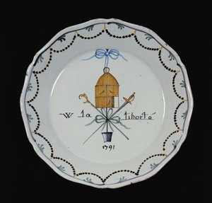 带开放式鸟笼的板材和传说Vive la Liberte，1791（陶瓷） 作者 法语学校