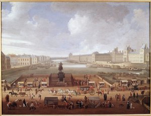 巴黎新桥，从多芬广场的入口处看到，展示了 4 所国家学院、Quai Malaquais 和卢浮宫（布面油画） 作者 法语学校