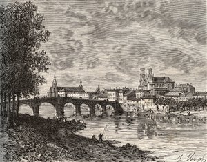 穆松桥（Pont a Mousson）--默尔特-摩泽尔省--V.-A. Malt-Brown的《法国图解：地理、历史、行政统计》中的版画。 作者 法语学校