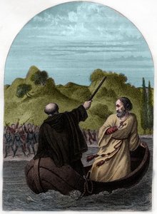 教皇尤金四世（Eugenio，Eugenius）（1431-1447）乘船逃跑以逃避罗马人的愤怒——教皇尤金尼乌斯四世（Gabriele Condulmaro）遭到强大的科隆纳家族的反对，他不得不逃离罗马，而他的敌人则选择 一个反教皇 - 雕刻 f 作者 法语学校