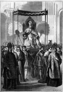 教皇庇护九世（1792-1878年）在1861年的棕枝主日游行到罗马（意大利）的圣彼得教堂。1861年4月13日《世界画报》第209期的版画。 作者 法语学校