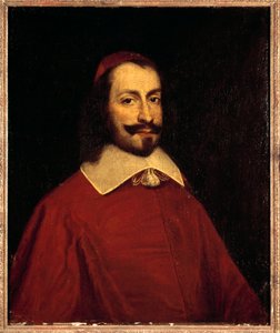 红衣主教 Jules Mazarin (1602-1661) 的肖像 (Giulio Raimondo Mazzarino 或 Mazarino) 17 世纪法国画派太阳画。 0,74x0,6 m 凡尔赛宫，城堡博物馆 作者 法语学校