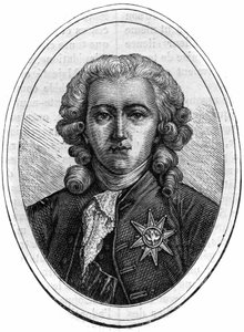 查尔斯-亚历山大-德-卡隆的肖像，路易十六时期的法国政治家（1734-1802），财务主管。莫里斯-拉夏尔（Maurice Lachatre）著的《历代教皇-资产-皇后和皇帝的历史》中的雕版画 作者 法语学校