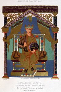 秃头查理二世 (823-877) 于 860 年加冕洛林国王的肖像 作者 法语学校