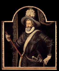 身穿白色胸甲和羽饰的亨利四世肖像，法国国王和纳瓦拉 (1553-1610) 16 世纪法国画派的匿名绘画。 暗淡。 1,15x0,99 米。 作者 法语学校