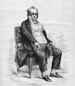 亨利-莫尼耶（1799-1877）的画像，法国剧作家、漫画家和喜剧演员。他装扮成 "普鲁多姆先生"，这是莫尼耶发明的一个人物，是19世纪法国资产阶级的卡通形象。刊登在《世界画报》第1031期上的版画。 作者 法语学校