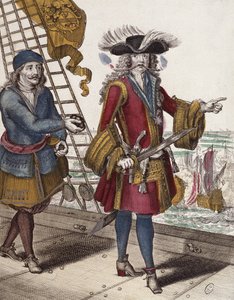 Jean Bart（1650-1702）的肖像在海军遭遇（彩色雕刻）期间在他的嘴里拿着燃烧的保险丝 作者 法语学校
