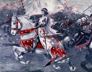 Portrait of Joan of Arc on horseback with royal flag, late 19th France. 作者 法语学校