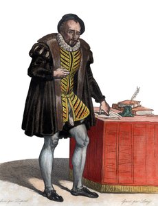 法国作家Michel Eyquem de Montaigne阁下（1533-1592）的肖像。 作者 法语学校
