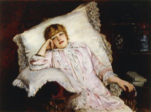 女星珍妮·萨玛里（Jeanne Samary）坐着三刻长的肖像， 作者 法语学校