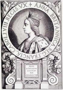 布列塔尼的法国女王安妮 (1477-1514) 的肖像。 雕刻自保罗·拉克鲁瓦 (Paul Lacroix) 编的“路易十二和安妮·德布列塔尼 (Louis XII et Anne de Bretagne)”。 乔治·赫特雷尔 作者 法语学校