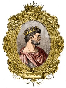 罗马皇帝君士坦丁一世（274-337）的画像。雕刻于莫里斯-拉夏尔的 "穿越世纪的教皇-国王-皇后-皇帝的历史"。 作者 法语学校