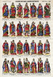 法国卡佩王朝（Capetian dynasty）从洛泰尔（941-986）到胡坦路易十世（1289-1316）的国王和王后的肖像。19世纪末的埃皮纳尔成像。私人收藏。 作者 法语学校