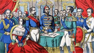 Portrait of the sovereigns of Europe during the Peace Treaty in 1856: from left to right, Victor Emmanuel II (Victor Emmanuel) (Vittorio Emanuele), King of Sardinia, Victoria, Queen of England, Napoleon III, Turkish Emperor, Alexander II, King of Russia, F 作者 法语学校
