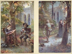 明信片描绘Cyrano de Bergerac与Roxanne，c.1900 作者 法语学校