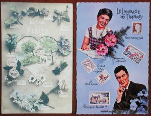描绘花卉语言的明信片，约1913年，以及描绘邮票的明信片，约1963年（彩色平印）。 作者 法语学校