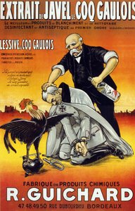 1917年在波尔多出版的海报 "漂白剂精华Le Coq Gaulois--最好的漂白和清洁产品--第一顺序的消毒剂和防腐剂（瓶瓶罐罐）--René Guichard的产品制造"。 作者 法语学校